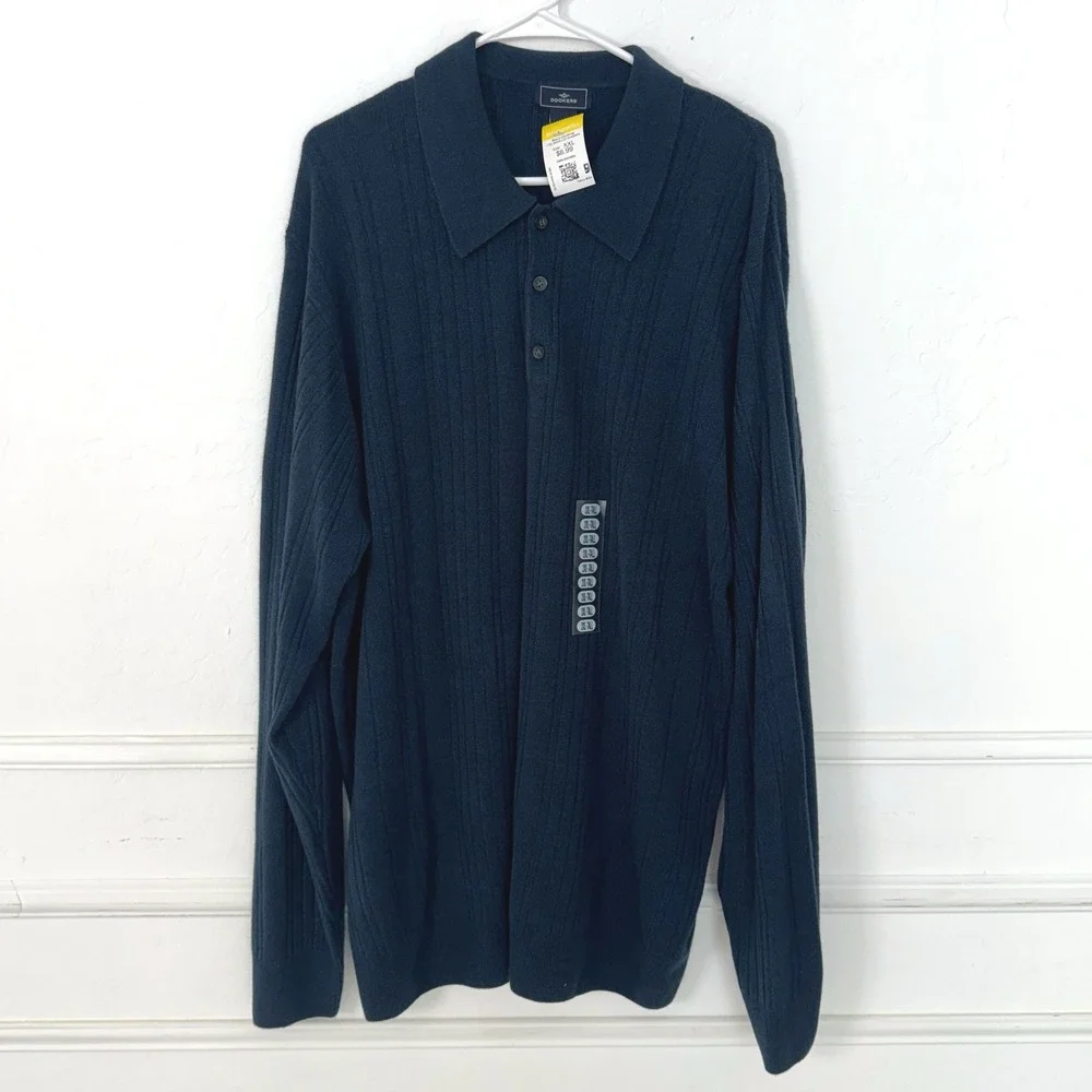 Dockers Polo Sweater Mens 2XLT Navy‎ Blue Ribbed Long Sleeve Knit Button Collar